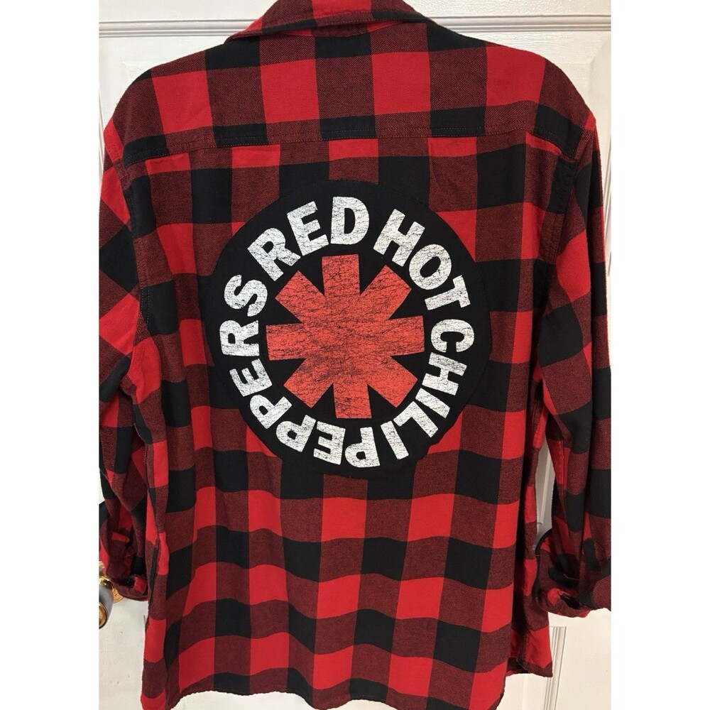Red Hot Chili Peppers Upcycled Flannel Shirt Buffalo Plaid Mens Size XL Concert
